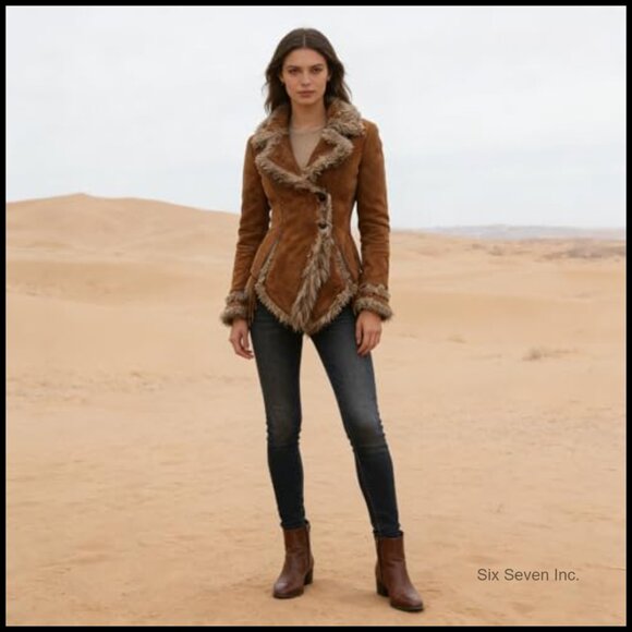 Retro Faux Leather Jacket with Faux Fur Lapel Collar Slim Fit - Picture 5 of 7